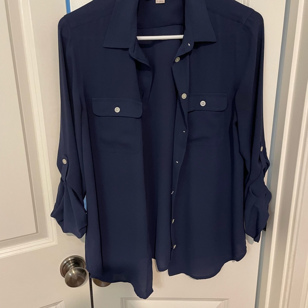 ladies button-down blouse in navy (LOFT)
